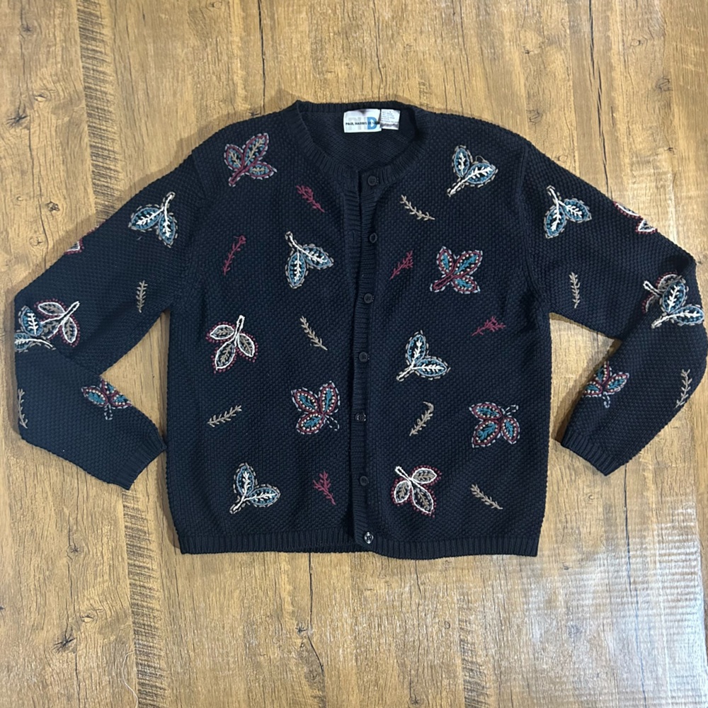 Paul Harris Design VTG Black knitted Cardigan Sweater with Embroidered details